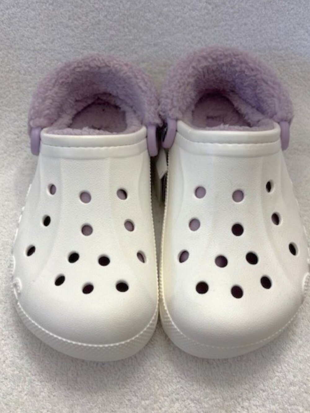 White Baya crocs lined with lilac faux fur Women's 8 Men's 6